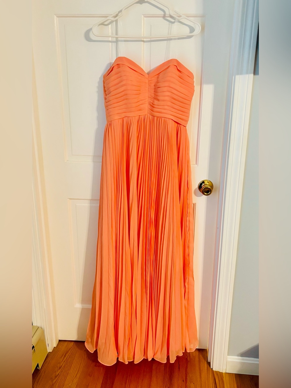 Strapless Pleated Chiffon Maxi Dress in Coral